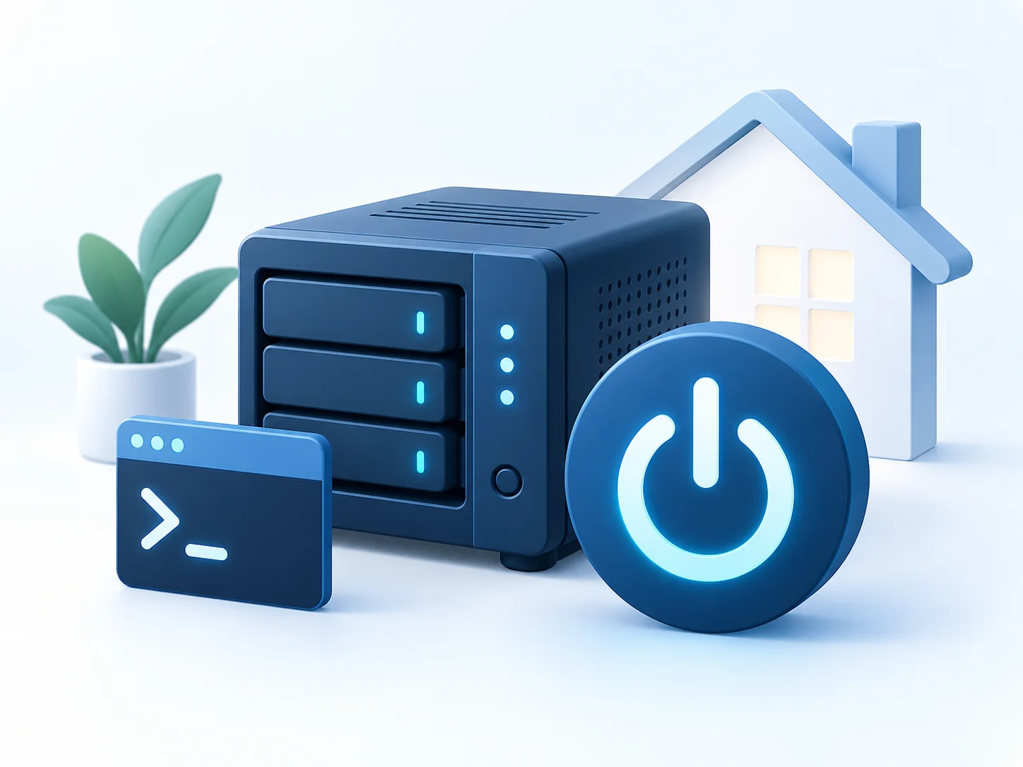 A home server with a terminal window and power symbol.