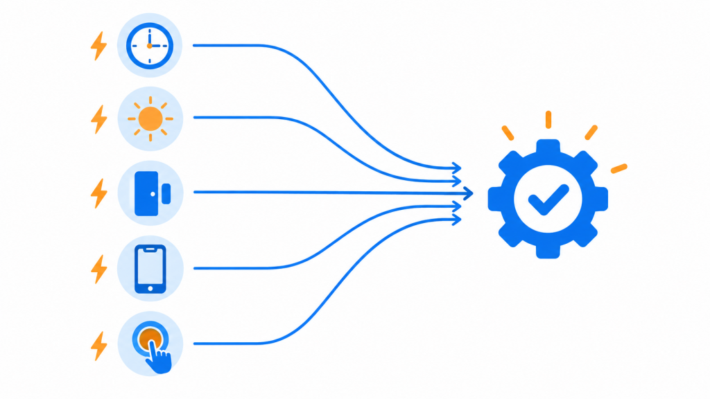 Illustration of five different automation triggers merging into a single automation