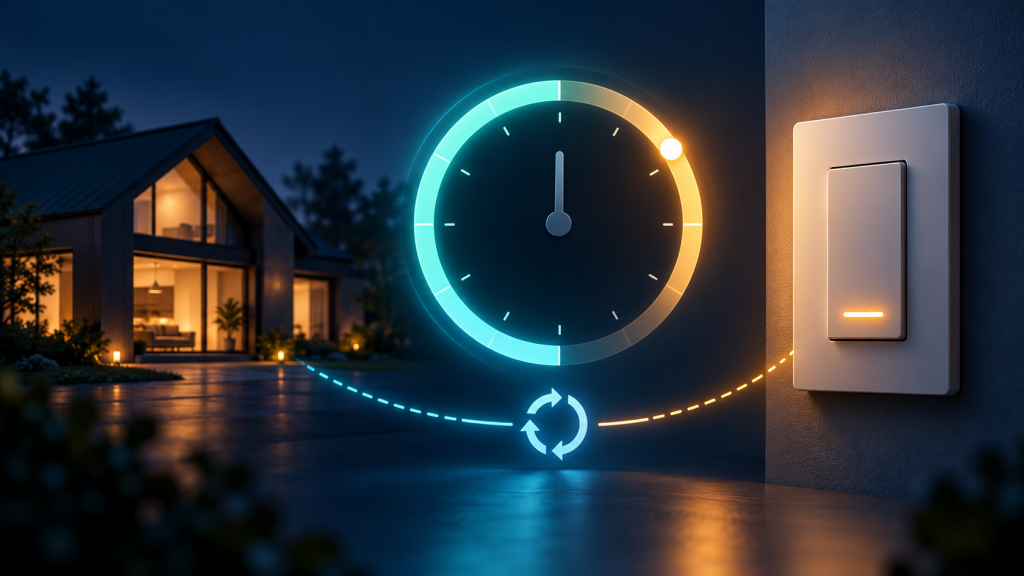 Illustration of a timed smart switch, deadline timer, and recovery after a Home Assistant restart.